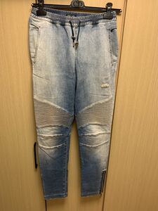 国内正規 17SS BALMAIN バルマン ダメージ クラッシュ 加工 裾ジップ 蛇腹 バイカー デニム地 コットン スウェットパンツ M S7H5009J064