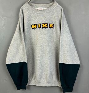 USA製 90s 00s NIKE Athletics ナイキ スウェット トレーナー バイカラー パイル ワッペン 刺繍 グレー/グリーン メンズ XL 大きいサイズ