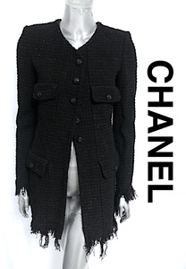 二点落札で送料無料！ 2A48 入手困難！【美品】CHANEL ジャケット ツイード コート 2022クルーズ 黒 ココボタン P71826 ノーカラー