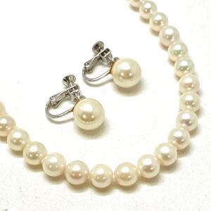 1円〜!!◎アコヤ本真珠ネックレス&パールイヤリング◎D 約32.7g 約46.0cm 約6.0-7.0mm珠 pearl necklace jewelry パール DB0/- 153