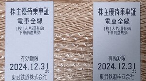 東武鉄道 株主優待乗車証２枚セット　有効期限　2024年12月31日