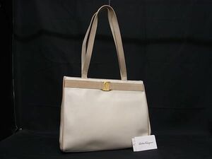 1円 ■美品■ Salvatore Ferragamo フェラガモ ヴァラ レザー ハンドバッグ トートバッグ ショルダー レディース アイボリー系 FE1137