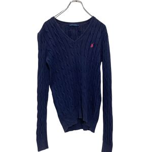 RALPH LAUREN コットンニット セーター レディース M ネイビー ラルフローレン ワンポイントロゴ Ｖネック 古着卸 アメリカ仕入 a611-6866