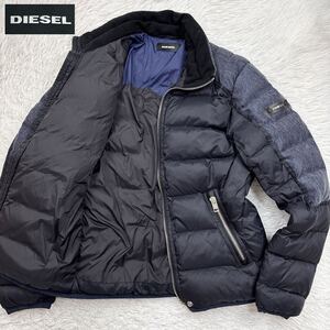 【美品Lサイズ!!!】DIESEL ディーゼル デニム切り替え 中綿 ダウンジャケット ライダース ダークネイビー 肩ロゴ ジップアップ ブルゾン 