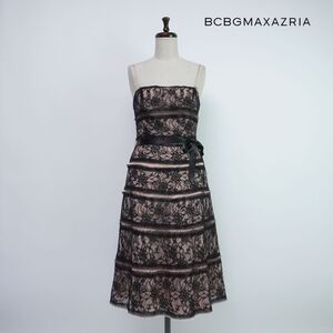 美品 BCBG MAXAZRIA ビーシービージーマックスアズリア 総レース キャミソールフレアワンピース 膝丈 レディース 黒 ピンク サイズ2*QC995