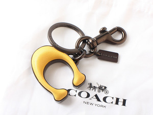 E25456 新品未使用 COACH コーチ シグネチャー キー フォブ キーホルダー バッグチャーム レザー メタル キーリング イエロー 黄