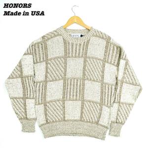 HONORS Cotton Sweater USA L SWT2344 オナーズ コットンニット アクリルニット セーター アメリカ製 1990年代 デザイン古着