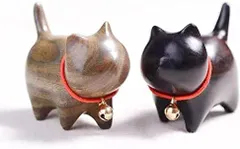 【人気新品】WOWTAC 猫 置物 木製 ねこぐっず雑貨 ガーデニング猫 ギフトボックス包装 招き猫 2個セット（緑檀 + 黒檀）…