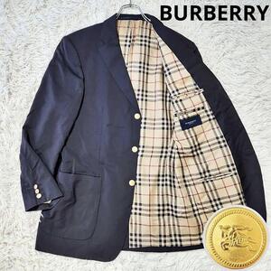 【メンズ XL 鑑定済】BURBERRY バーバリーロンドン テーラードジャケット ノバチェック 金ボタン メンズ50 ネイビー 大きいサイズ SUPER120