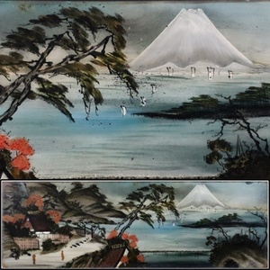 【宙】明治期 富士山景 時代ガラス絵 幅90.7cm高30cm 螺鈿細工 硝子絵 東海道 珍品 11T31.j.F