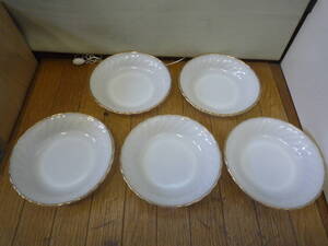 ◆中古 美品 アンカーホッキング 中皿 浅 ボウル シェル ゴールドリム 5枚セット OVEN PROOF DINNERWARE BY ANCHOR HOCKING MADE IN USA◆