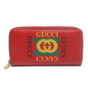 グッチ GUCCI ラウンドジップ長財布 496317 ヴィンテージロゴプリント レザー 赤 レッド