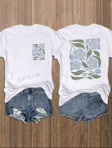 新品未使用 白色 ホワイト 半袖 Tシャツ ロゴ バックプリント 花柄 フェス フラワー シーイン SHEIN 