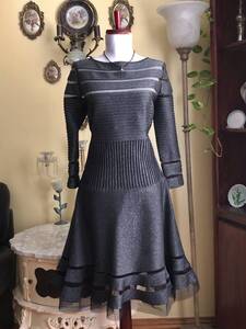 【TADASHI SHOJI/タダシショージ】銀糸入グレーストレッチ/ピンタック/Ａラインフレアー/カクテルドレス （US・Ｌ／13号～15号）#597