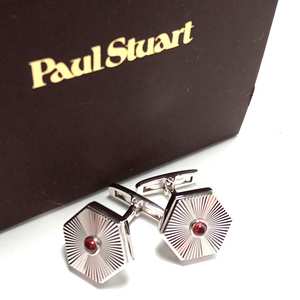 【psc247】新品　Paul Stuart　ポールスチュアート　カフス　カフリンクス　シルバー×レッド　赤瑪瑙　メノウ　ヘキサゴン