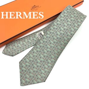 未使用 超美品 HERMES エルメス ネクタイ 総柄 シルク100% フランス製 花/フラワーモチーフ 7576 箱付 モスグリーン 正規品 保証 最落無