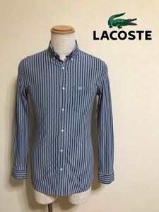 【美品】 LACOSTE ラコステ ボタンダウン ストライプ スリムフィット シャツ トップス 銀ワニ サイズ2 長袖 ネイビー 日本製 PH781