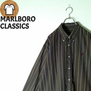 【MARLBORO CLASSICS ストライプシャツ 2XL 総柄 刺繍ロゴ A681 マルボロクラシックス