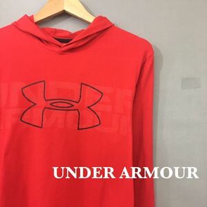 【美品・良品】アンダーアーマー UNDER ARMOUR 長袖 プルオーバー フーディ 薄手 トップス ビックロゴ レッド メンズ 男性用 LGサイズ ♭▽