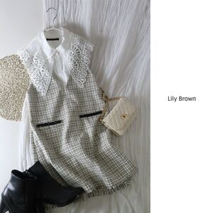 2万☆超美品☆2022年☆リリーブラウン Lily Brown☆洗える シャツセットツイードミニワンピース フリーサイズ☆A-O み-0009