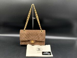 0u1H24J010 CHANEL ダブルフラップ マトラッセ Vステッチ シェブロン スエード ブラウン チェーンショルダー ゴールド金具 シャネル