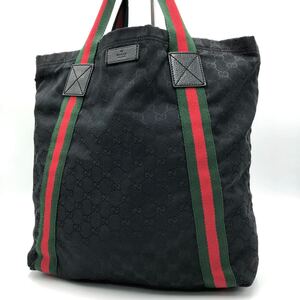 1円【美品】GUCCI グッチ シェリーライン GG柄 トートバッグ 肩掛け A4 大容量 キャンバス レザー 本革 ブラック 黒 メンズ レディース