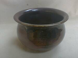伝統　焦げ茶釉薬　建水　8.5x12.7cm　370g　陶器うつわ　茶道具