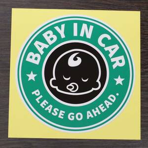 BABY IN CAR（ベビーインカー）緑円 パロディステッカー シール 赤ちゃんを乗せています お先にどうぞ【ネコポス対応】