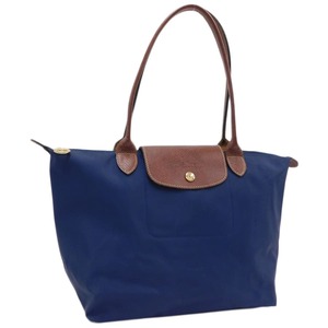 1円 ■ 美品 ロンシャン ハンドバッグ ネイビー×ブラウン系 ナイロン×レザー おでかけ LONGCHAMP ■E.Bmi.pS-17