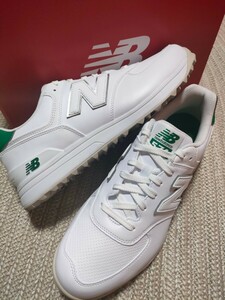 新品 未使用 New Balance ゴルフシューズ UGS574 J3 28cm ホワイト×グリーン 白 緑 ニューバランス 574 固定式ゴムスパイク ゴルフ