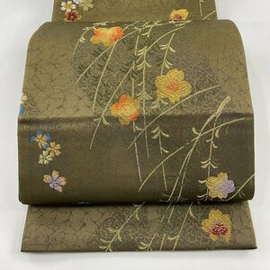 袋帯 美品 秀品 桜 金糸 茶緑色 六通 正絹 【中古】