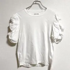 ミュベールワーク　パフスリーブ　クルーネックTシャツ　半袖　肩リボン