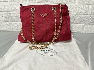  【中古品】 PRADA　ゴールドチェーン　キルティングショルダーバッグ　ワインレッド