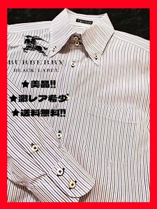 ◆送料無料！★美品＋高級クリーニング！◆BURBERRY バーバリーブラックレーベル 長袖シャツ M~L相当 白地&紫.グレー.青ストライプ柄