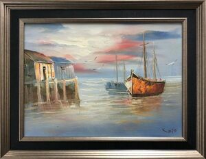 油絵 風景画『朝の港』Luis作 肉筆１点物 癒し 自然 海 インテリア D11-2-【Q】AO1712