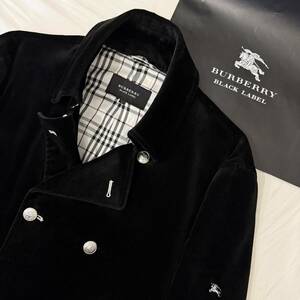 激レア 美品 BURBERRY BLACK LABEL バーバリーブラックレーベル ベロアPコート 裏地ノバチェック 銀ボタン ホースマーク 黒 Lサイズ#2886