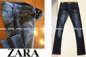 美品 zara TRF 38 ストレッチデニム スキニー デニム 立体ポケット ザラ ダメージデニム パンツ ジーンズ 濃紺 ネイビー レディース H&M