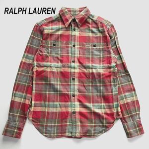 ★RALPH LAUREN ラルフローレン ネルシャツ ヴィンテージ チェック柄 長袖 くすみカラー レッド 赤 グリーン 緑 黄 レディース サイズ4 L