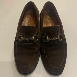 イタリア製 グッチ GUCCI オールドグッチ メンズ39 1/2 シルバー金具 ブラウン ビットローファー レザースリッポン 革靴 茶