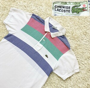 【70s中期★DEVANLAY社フランス製】サイズ3 CHEMISE LACOSTE 長袖ボーダーポロシャツ/白◆フレンチラコステ (5)