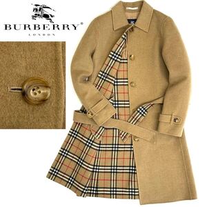 美品!!三陽商会 BURBERRY LONDON ウール カシミヤ チェック柄 高級 ロング コート(38)キャメルベージュレディース アウター バーバリー