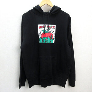 H■ビームス×キースへリング/BEAMS×Keith Haring プルオーバーパーカ スウェット【XL】黒/MENS■9【中古】