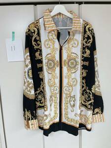 ⑪-1 ドレス シャツ 長袖 L VERSACE ヴェルサーチ ベルサーチ 風 柄シャツ Yシャツ 派手 バロック アニマル 総柄 チェーン柄