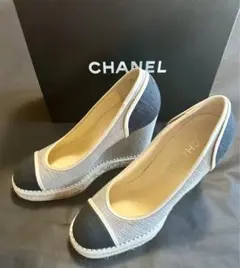 CHANEL エスパドリーユウェッジソールパンプス