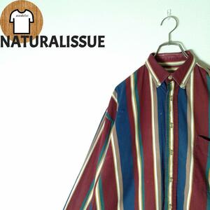 【NATURALISSUE ストライプシャツ 2XL ダークカラ海外古着A688