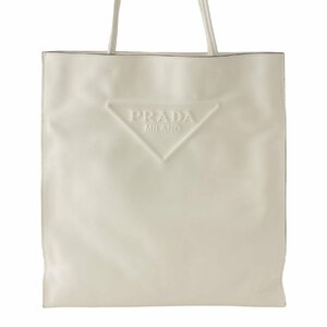 【プラダ】Prada　トライアングル レザー エンボス トートバッグ 1BG429 ホワイト 【中古】【正規品保証】192830