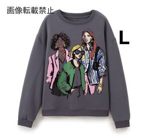 gray vintage ヴィンテージ レトロ ガールプリント スウェット トレーナー トップス Lサイズ レディース★ZARA 好きな方に★秋新作 新品★