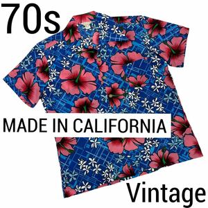 70s■MADE IN CALIFORNIA■ハイビスカスハワイアンアロハシャツ XL ブルー ピンク 総柄 花柄 オープンカラー USA製 ヴィンテージ オールド