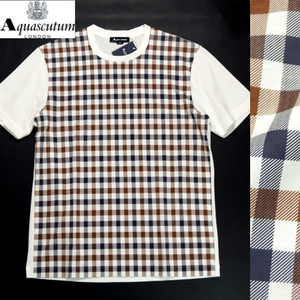 【新品・春夏】アクアスキュータム Aquascutum《上品 ハウスチェック柄》清涼 シルケットコットン Tシャツ 半袖カットソー 白 L 日本製