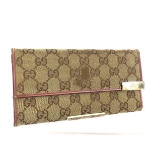 GUCCI グッチ　GGキャンバス×レザー　二つ折り長財布　ベージュ×サーモンピンク　ロゴプレート　イタリア製　刻印あり　291099・2149